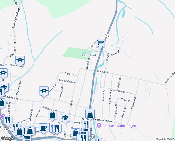 map of restaurants, bars, coffee shops, grocery stores, and more near 272 Walnut Street in Winsted