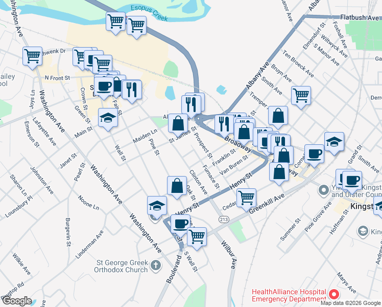 map of restaurants, bars, coffee shops, grocery stores, and more near 149 Prospect Street in Kingston
