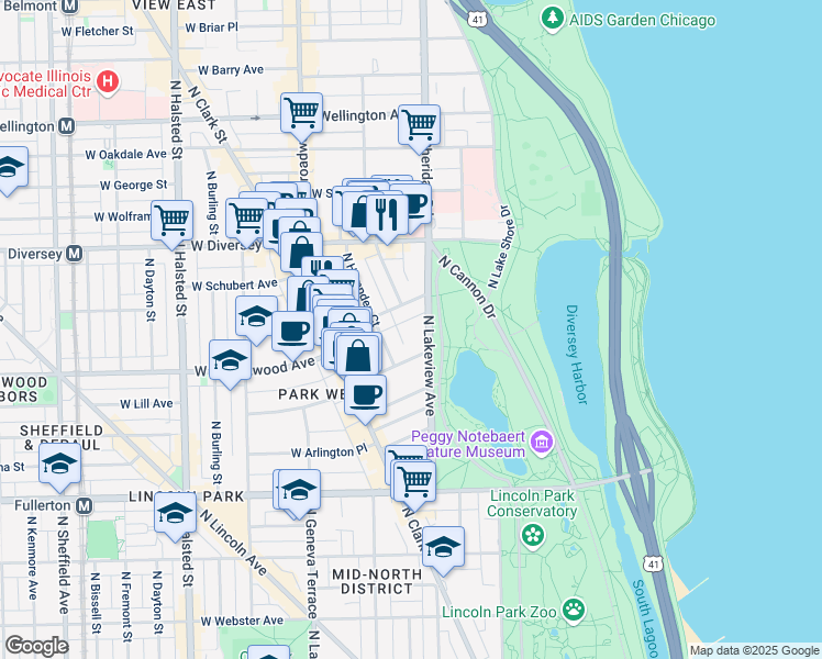 map of restaurants, bars, coffee shops, grocery stores, and more near 2700 North Pine Grove Avenue in Chicago