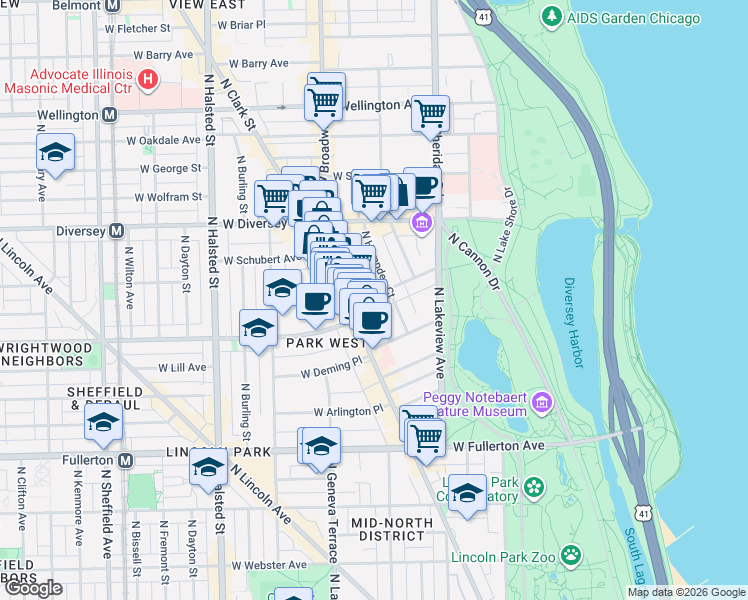 map of restaurants, bars, coffee shops, grocery stores, and more near 2714 North Hampden Court in Chicago