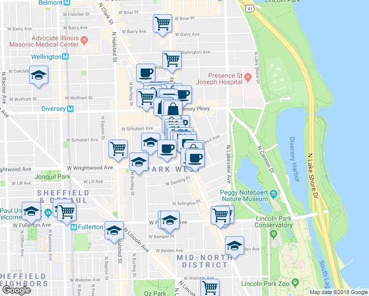 map of restaurants, bars, coffee shops, grocery stores, and more near 2649 North Clark Street in Chicago