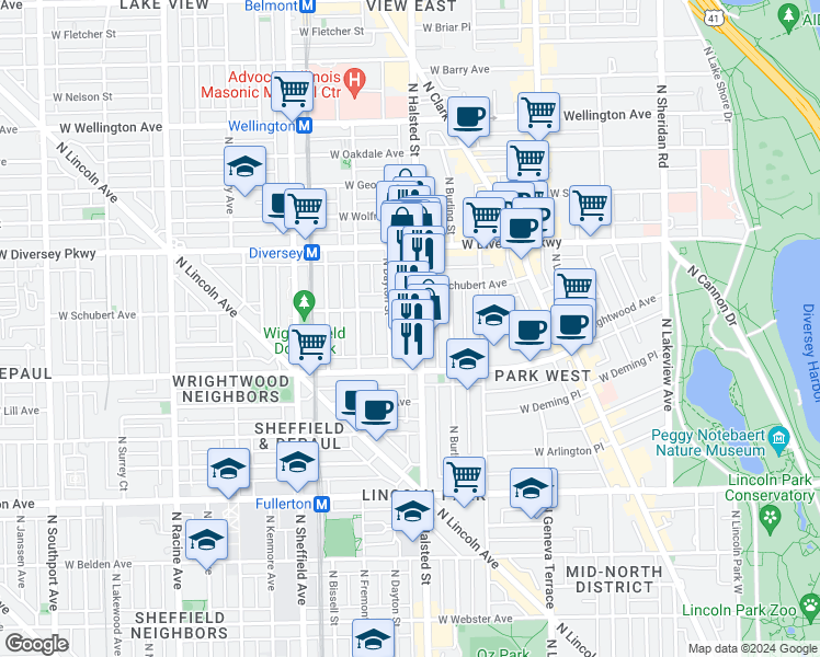 map of restaurants, bars, coffee shops, grocery stores, and more near in Chicago