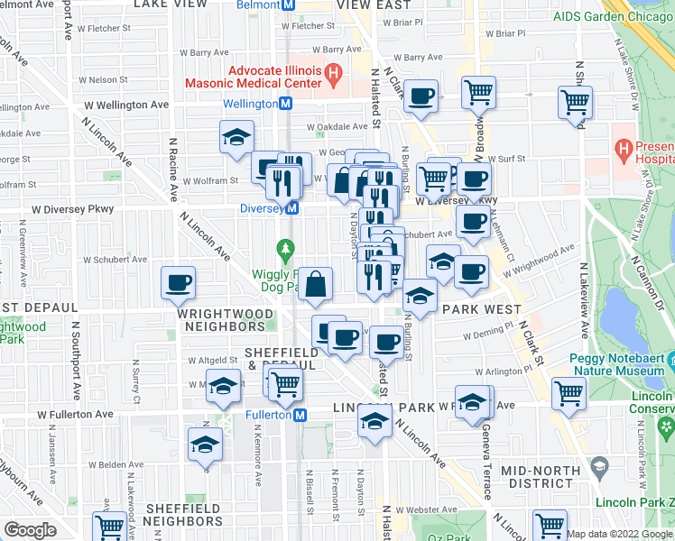 map of restaurants, bars, coffee shops, grocery stores, and more near 2701 North Mildred Avenue in Chicago