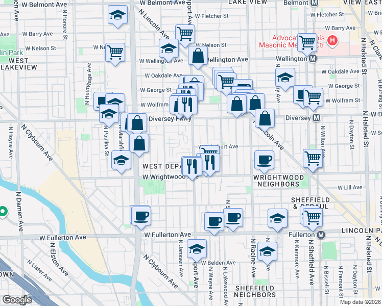 map of restaurants, bars, coffee shops, grocery stores, and more near 2709 North Southport Avenue in Chicago