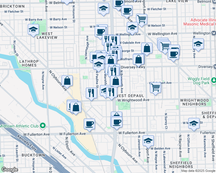 map of restaurants, bars, coffee shops, grocery stores, and more near 2713 North Marshfield Avenue in Chicago