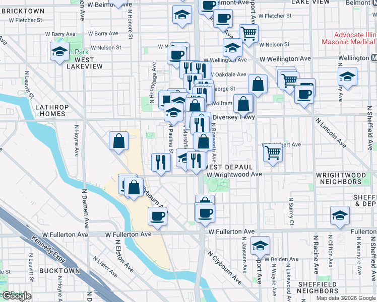 map of restaurants, bars, coffee shops, grocery stores, and more near 2713 North Marshfield Avenue in Chicago