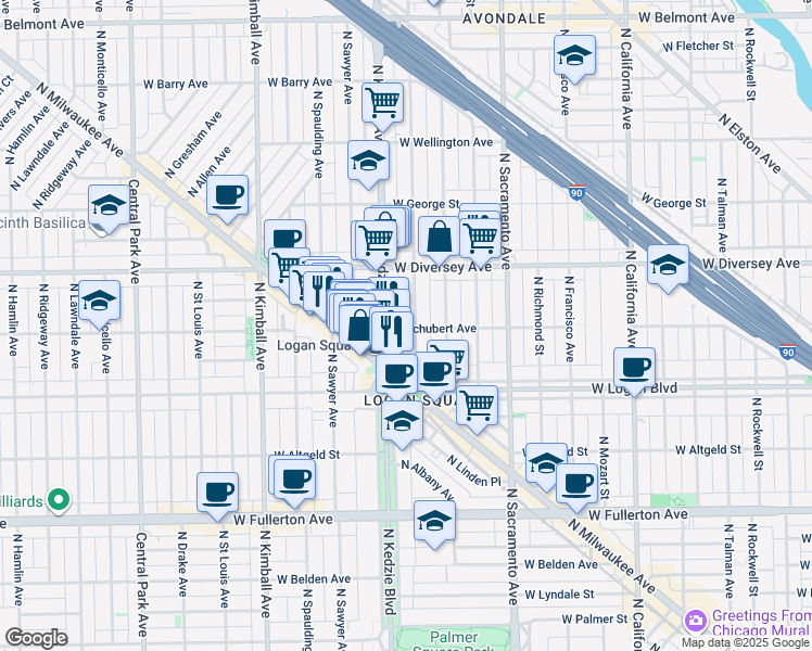 map of restaurants, bars, coffee shops, grocery stores, and more near 2724 North Troy Street in Chicago