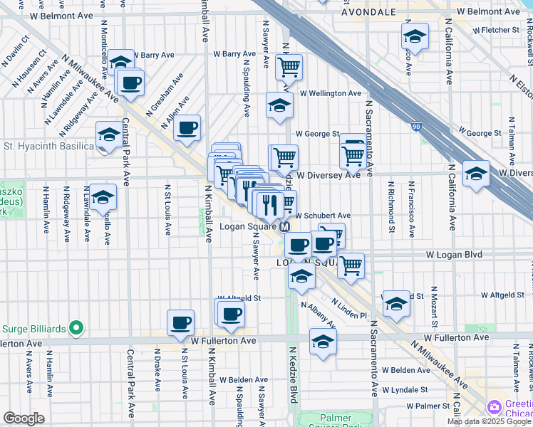 map of restaurants, bars, coffee shops, grocery stores, and more near 2716 North Sawyer Avenue in Chicago