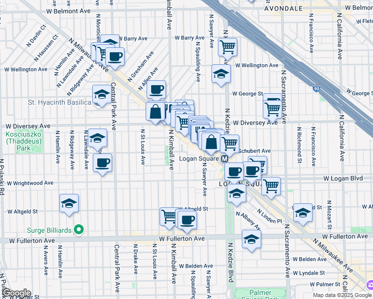 map of restaurants, bars, coffee shops, grocery stores, and more near 2746 North Milwaukee Avenue in Chicago