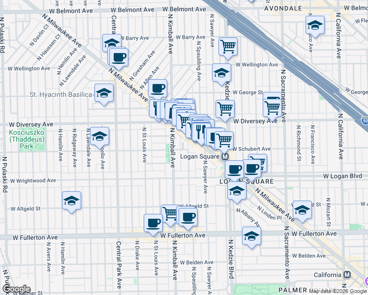 map of restaurants, bars, coffee shops, grocery stores, and more near 2746 North Milwaukee Avenue in Chicago
