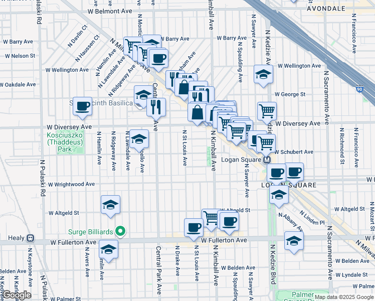 map of restaurants, bars, coffee shops, grocery stores, and more near 3445 West Parker Avenue in Chicago