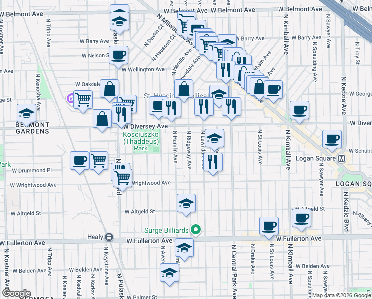 map of restaurants, bars, coffee shops, grocery stores, and more near 2727 North Hamlin Avenue in Chicago