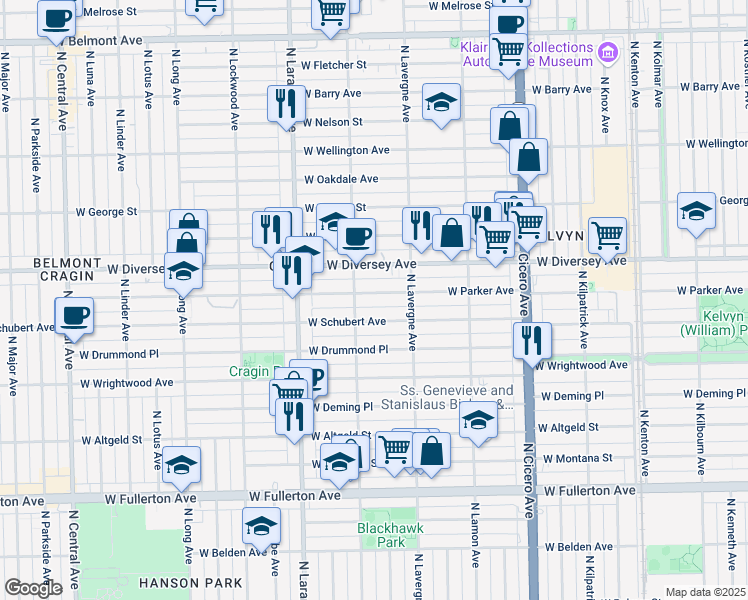 map of restaurants, bars, coffee shops, grocery stores, and more near 5037 West Diversey Avenue in Chicago
