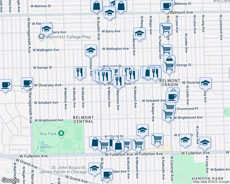 map of restaurants, bars, coffee shops, grocery stores, and more near 2733 North Marmora Avenue in Chicago