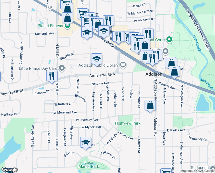 map of restaurants, bars, coffee shops, grocery stores, and more near 244 Natoma Avenue in Addison