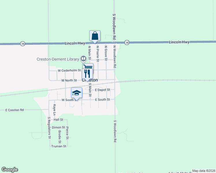 map of restaurants, bars, coffee shops, grocery stores, and more near 304 East North Street in Rochelle