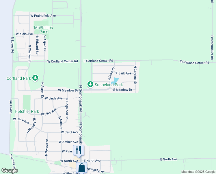 map of restaurants, bars, coffee shops, grocery stores, and more near 115 East Daisy Avenue in Cortland