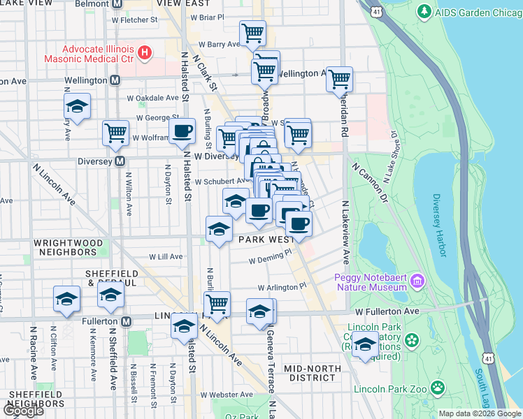 map of restaurants, bars, coffee shops, grocery stores, and more near 619 West Drummond Place in Chicago