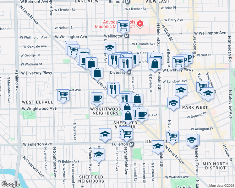 map of restaurants, bars, coffee shops, grocery stores, and more near 2704 North Sheffield Avenue in Chicago