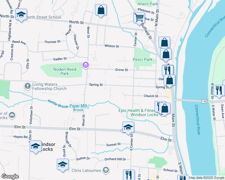 map of restaurants, bars, coffee shops, grocery stores, and more near 105 Spring Street in Windsor Locks