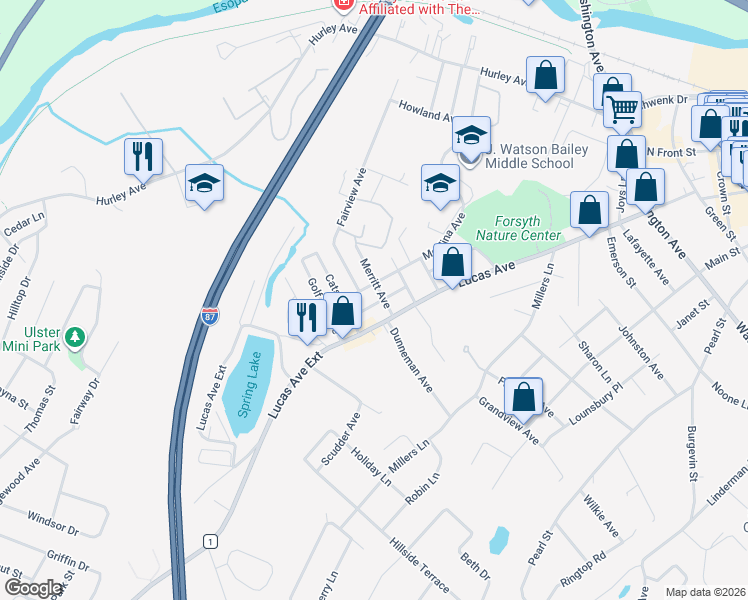 map of restaurants, bars, coffee shops, grocery stores, and more near 46 Merilina Avenue in Kingston