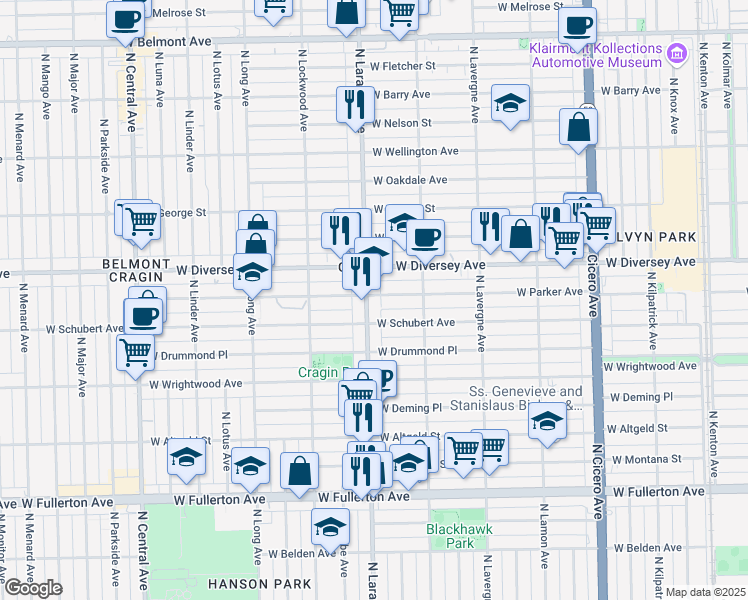 map of restaurants, bars, coffee shops, grocery stores, and more near 2725 North Laramie Avenue in Chicago