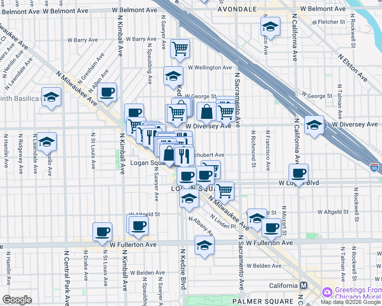 map of restaurants, bars, coffee shops, grocery stores, and more near 2724 North Troy Street in Chicago