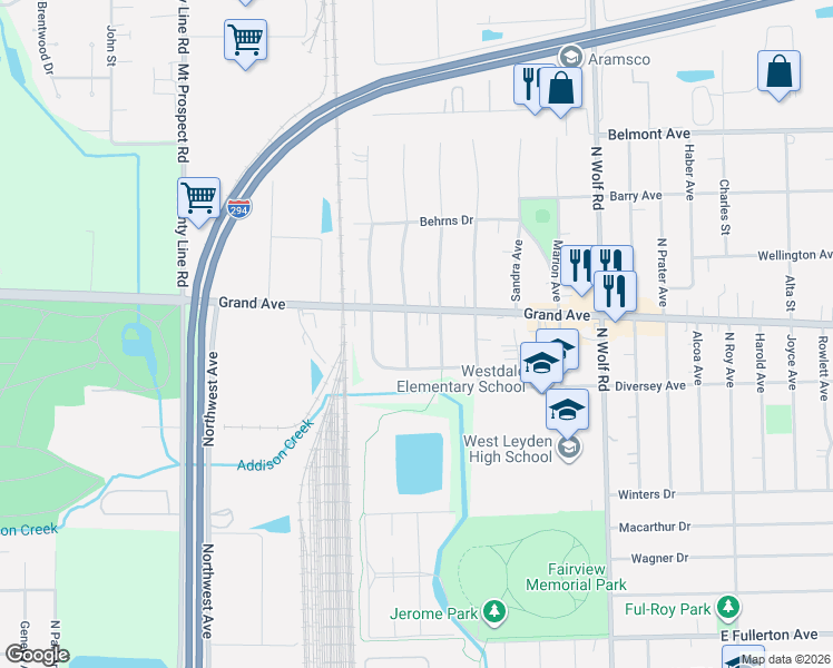 map of restaurants, bars, coffee shops, grocery stores, and more near 2854 Pearl Avenue in Melrose Park