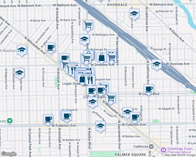 map of restaurants, bars, coffee shops, grocery stores, and more near 2701 North Troy Street in Chicago