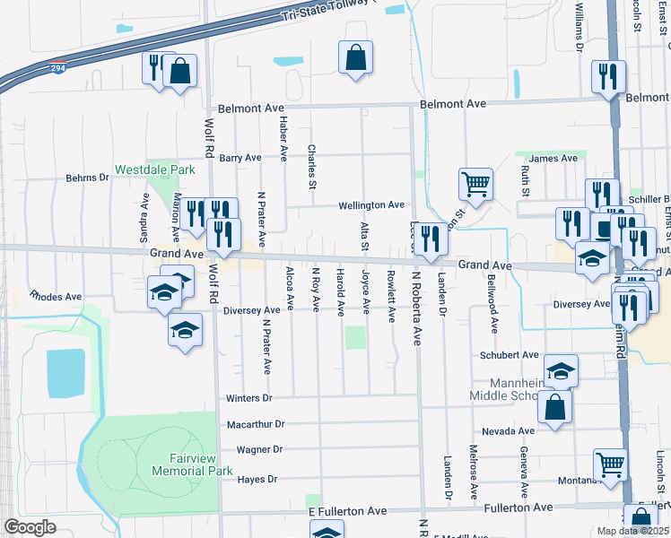 map of restaurants, bars, coffee shops, grocery stores, and more near 2905 Willens Drive in Melrose Park