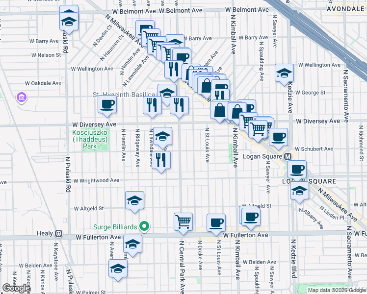 map of restaurants, bars, coffee shops, grocery stores, and more near 2729 North Central Park Avenue in Chicago
