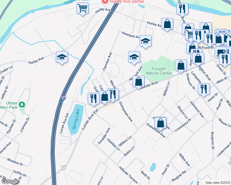 map of restaurants, bars, coffee shops, grocery stores, and more near 46 Merilina Avenue in Kingston