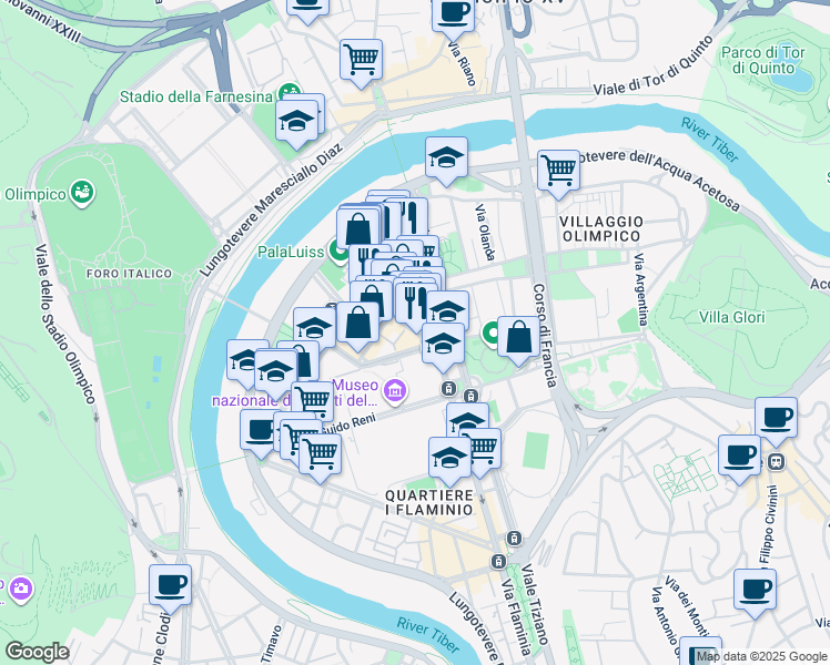 map of restaurants, bars, coffee shops, grocery stores, and more near 4 Via Giuseppe Sacconi in Rome