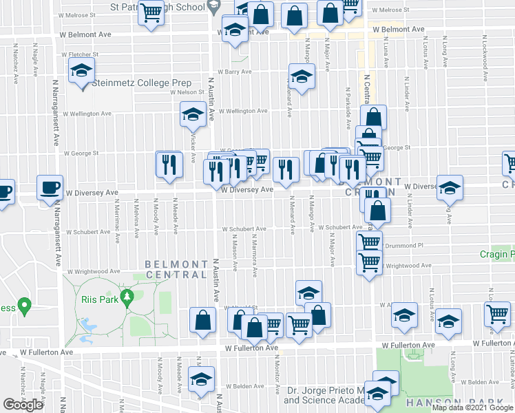 map of restaurants, bars, coffee shops, grocery stores, and more near 2733 North Marmora Avenue in Chicago