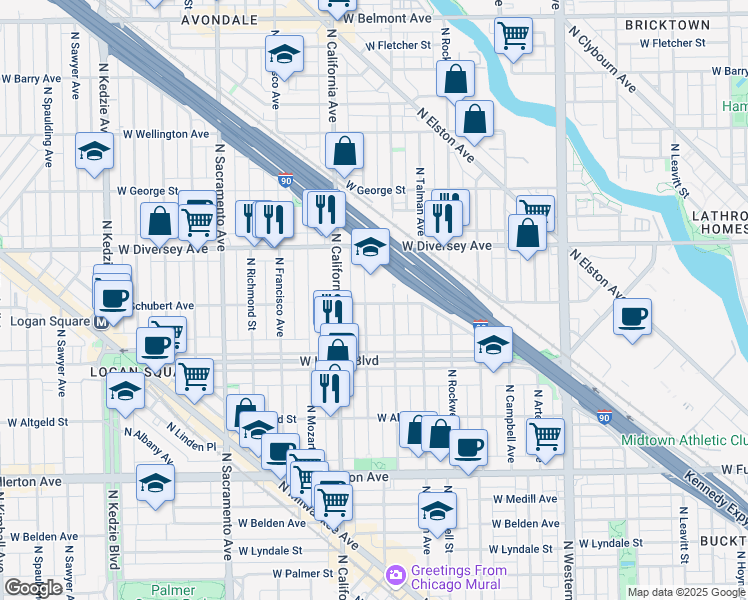 map of restaurants, bars, coffee shops, grocery stores, and more near 2723 North Fairfield Avenue in Chicago