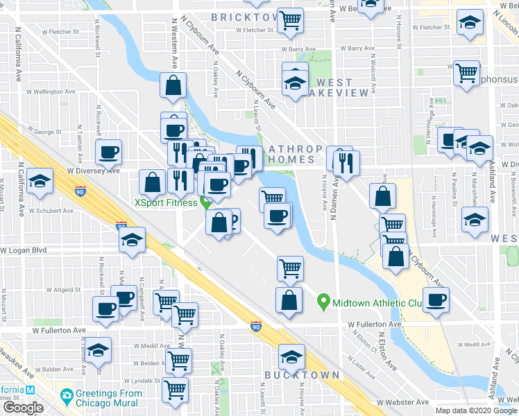 map of restaurants, bars, coffee shops, grocery stores, and more near 2645 North Elston Avenue in Chicago