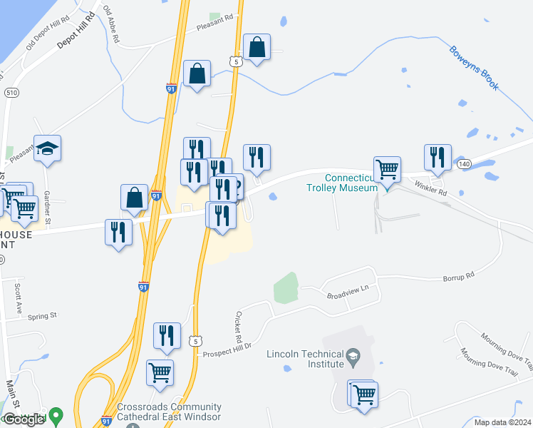 map of restaurants, bars, coffee shops, grocery stores, and more near 26 North Road in East Windsor