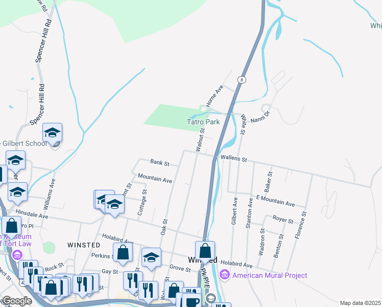 map of restaurants, bars, coffee shops, grocery stores, and more near 272 Walnut Street in Winsted