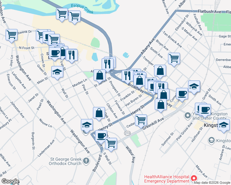 map of restaurants, bars, coffee shops, grocery stores, and more near 149 Prospect Street in Kingston