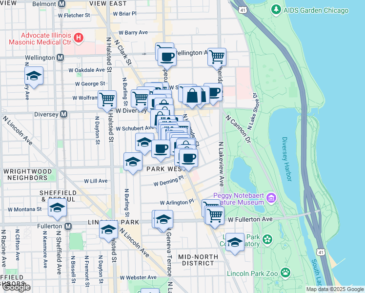 map of restaurants, bars, coffee shops, grocery stores, and more near 2714 North Hampden Court in Chicago