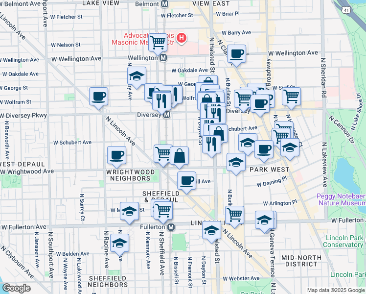 map of restaurants, bars, coffee shops, grocery stores, and more near 2701 North Mildred Avenue in Chicago