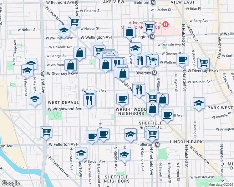 map of restaurants, bars, coffee shops, grocery stores, and more near 2707 North Racine Avenue in Chicago