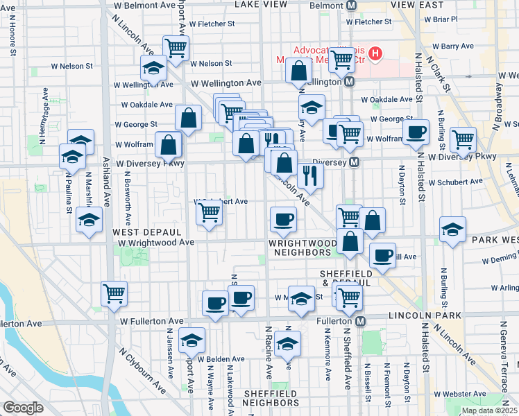 map of restaurants, bars, coffee shops, grocery stores, and more near 2707b North Racine Avenue in Chicago
