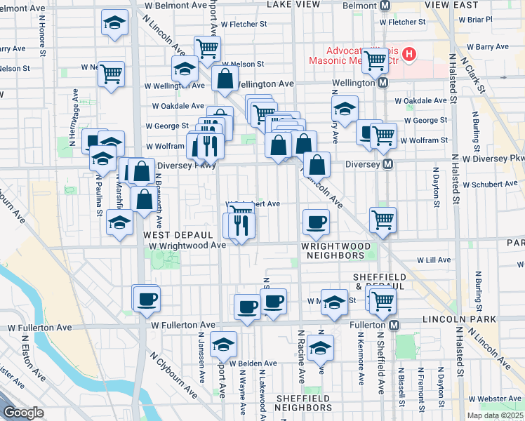 map of restaurants, bars, coffee shops, grocery stores, and more near 1304 West Schubert Avenue in Chicago