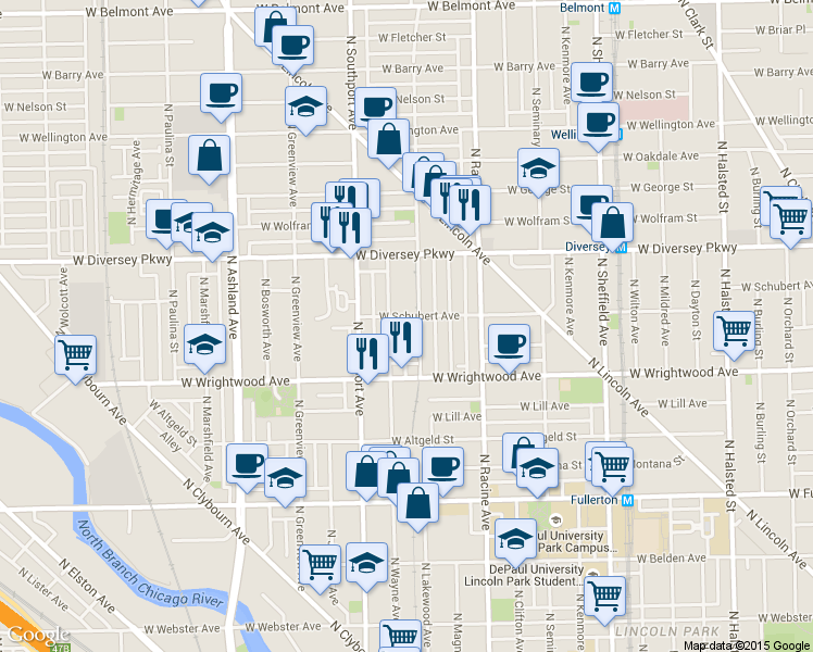 map of restaurants, bars, coffee shops, grocery stores, and more near 1304 West Schubert Avenue in Chicago