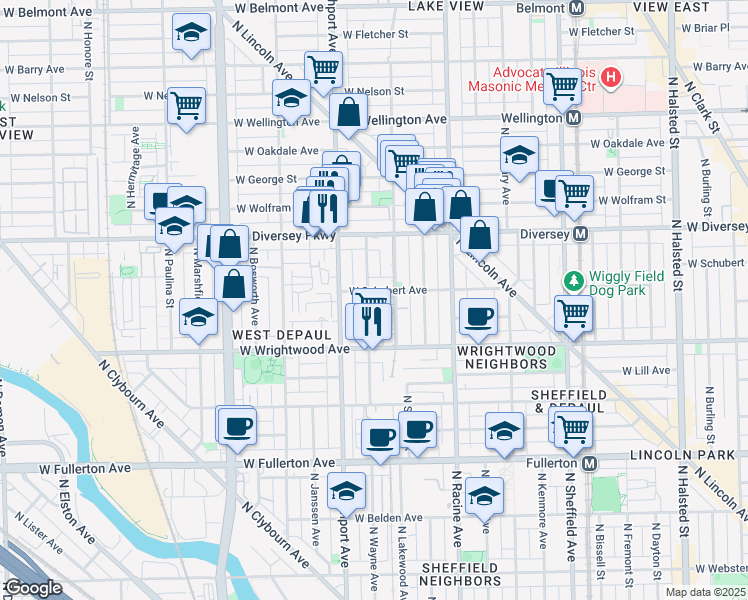 map of restaurants, bars, coffee shops, grocery stores, and more near 1304 West Schubert Avenue in Chicago