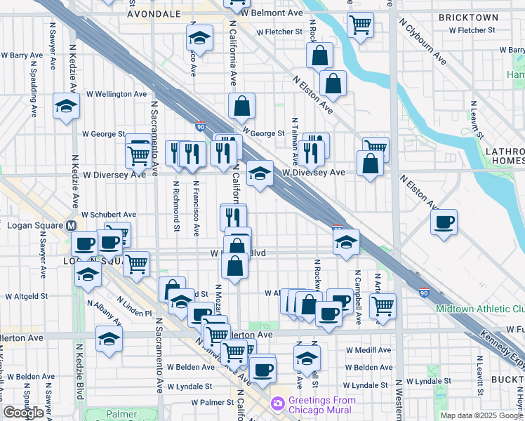 map of restaurants, bars, coffee shops, grocery stores, and more near 2723 North Fairfield Avenue in Chicago