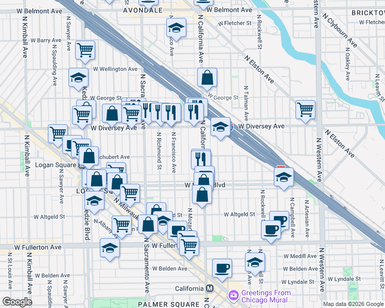 map of restaurants, bars, coffee shops, grocery stores, and more near 2726 North Mozart Street in Chicago