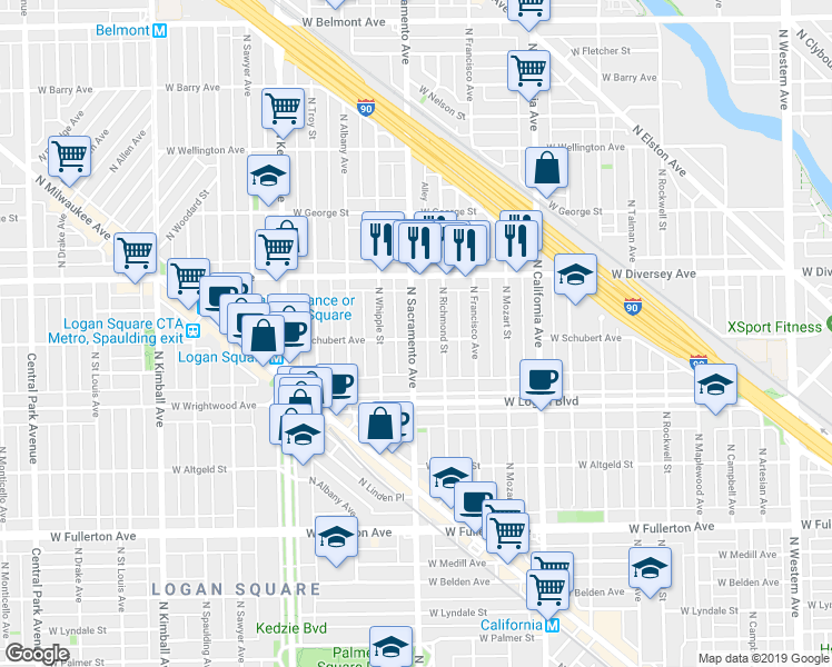 map of restaurants, bars, coffee shops, grocery stores, and more near 2727 North Sacramento Avenue in Chicago