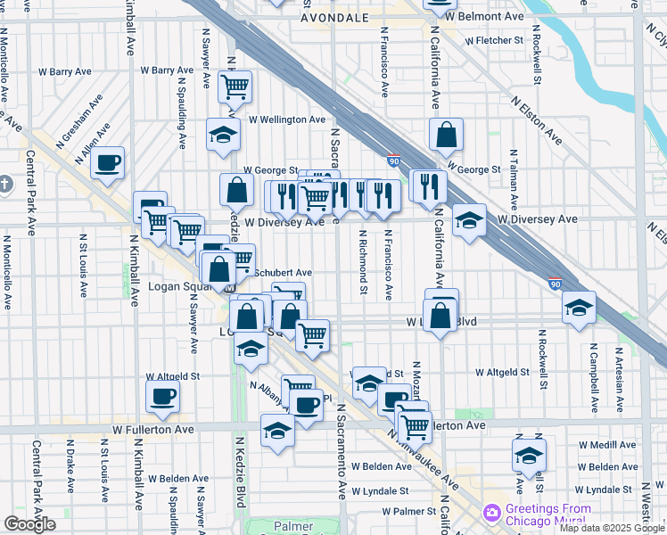 map of restaurants, bars, coffee shops, grocery stores, and more near 2727 North Sacramento Avenue in Chicago